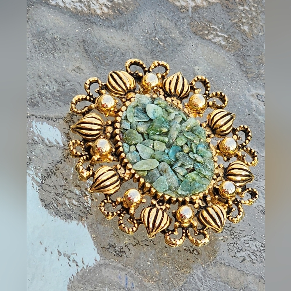 Gold-Tone Brooch with Jade Chip Stone